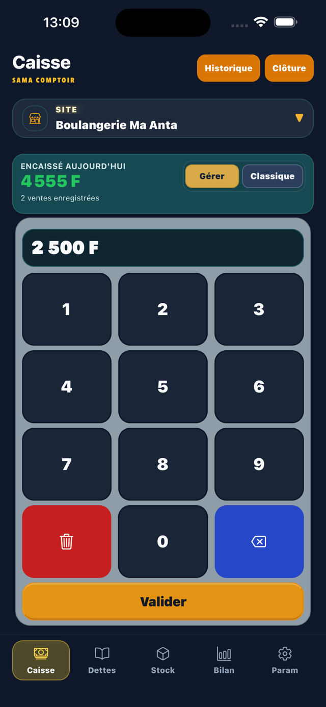 Mockup iPhone montrant l'écran caisse de Sama Comptoir